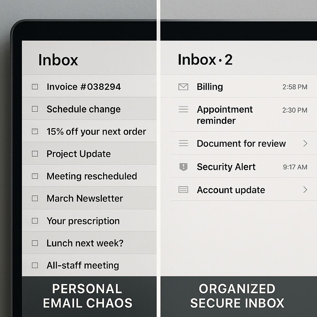 A subtle split-image showing personal email chaos