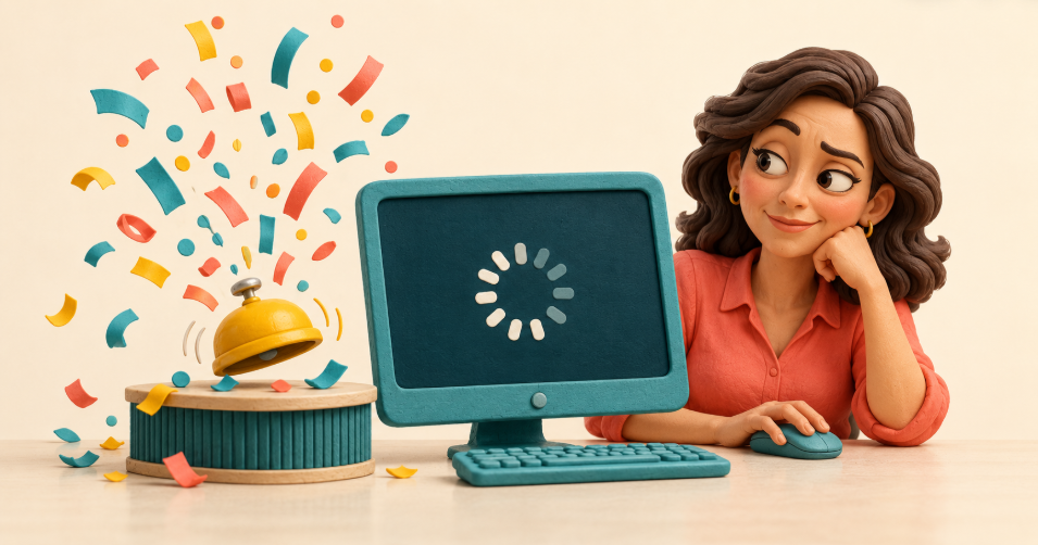 A confetti-popping service bell celebrates while an office manager waits beside a loading screen. A playful reminder that a quick response doesn’t always mean a quick resolution
