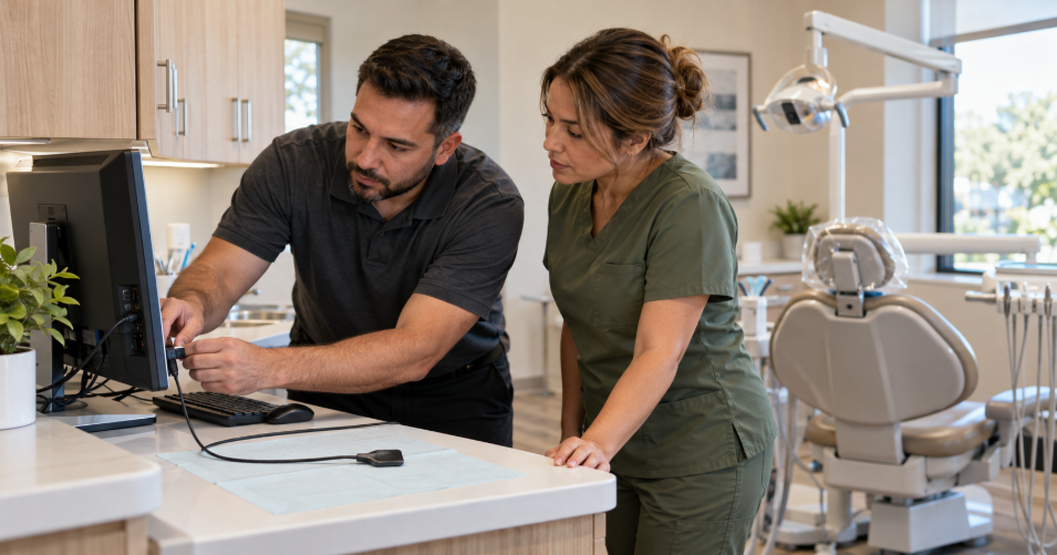 An IT technician helps a dental office manager troubleshoot a digital X-ray sensor connection, highlighting the hands-on support that keeps a practice running smoothly.